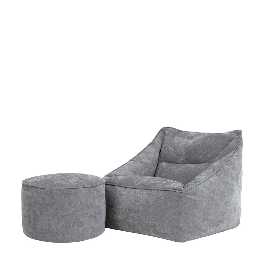 Bean Bag Bazaar Natalia Armchair Bean Bag and Round Footstool Grey/Chenille Large